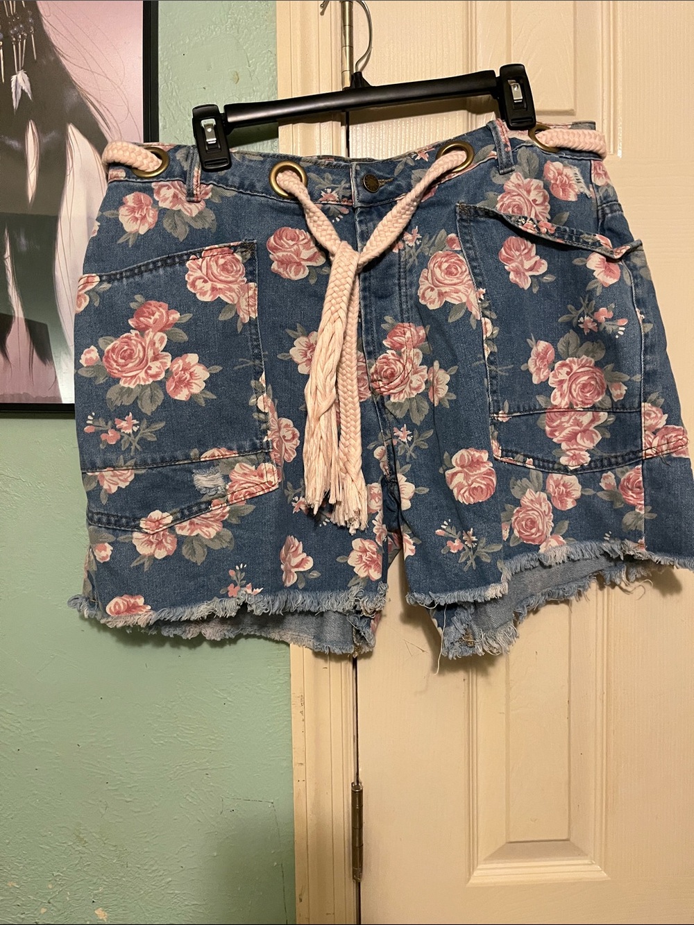 BiBi Floral Denim Shorts with Rope Tie - Blue/Pink